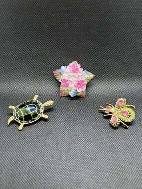 Enamel Floral Star & Animal Brooch Trio - Pink, Blue, Green, Gold